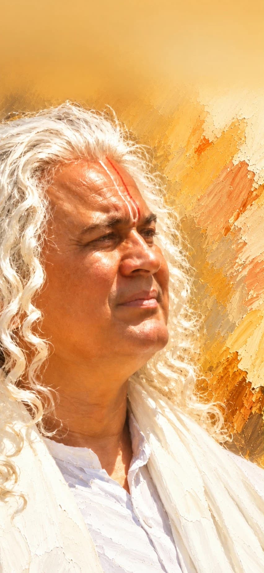 A painted portrait of Manoj Dhyani, white-haired and in white, looking up against a golden sky
